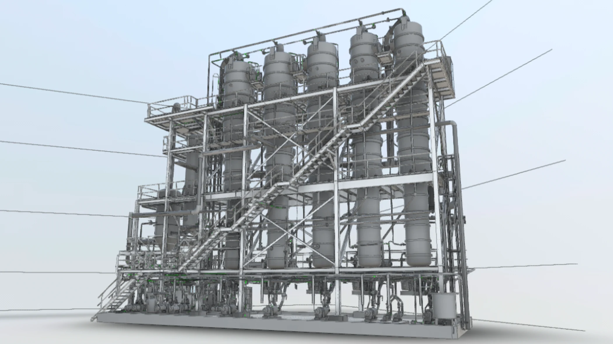 Three-dimensional model of an industrial process plant built from survey data, showing vessels, structural steel, access stairs, walkways and pipe runs across four levels
