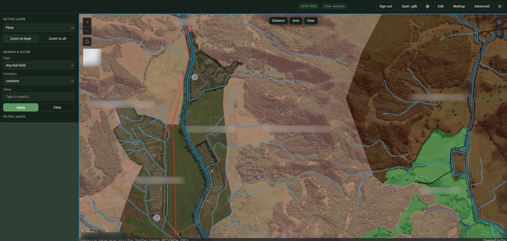 A browser-based GIS built by Clarity Consulting, showing a layer selector, a search and filter panel, measurement tools and land parcels drawn over aerial imagery with watercourses mapped across them
