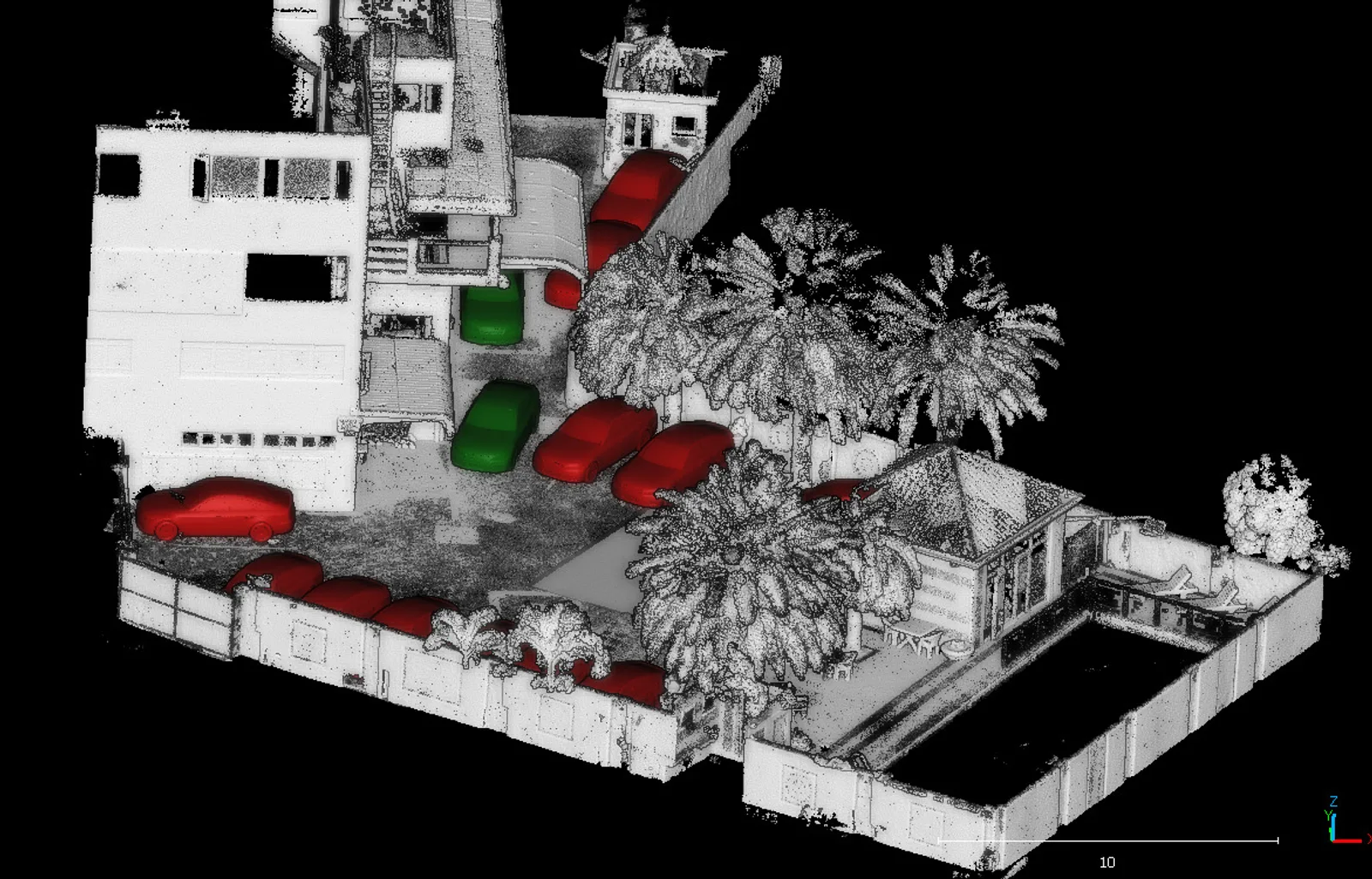 Intensity-shaded point cloud of a property, resolving individual palm fronds, wall panels, window openings and parked vehicles picked out in colour