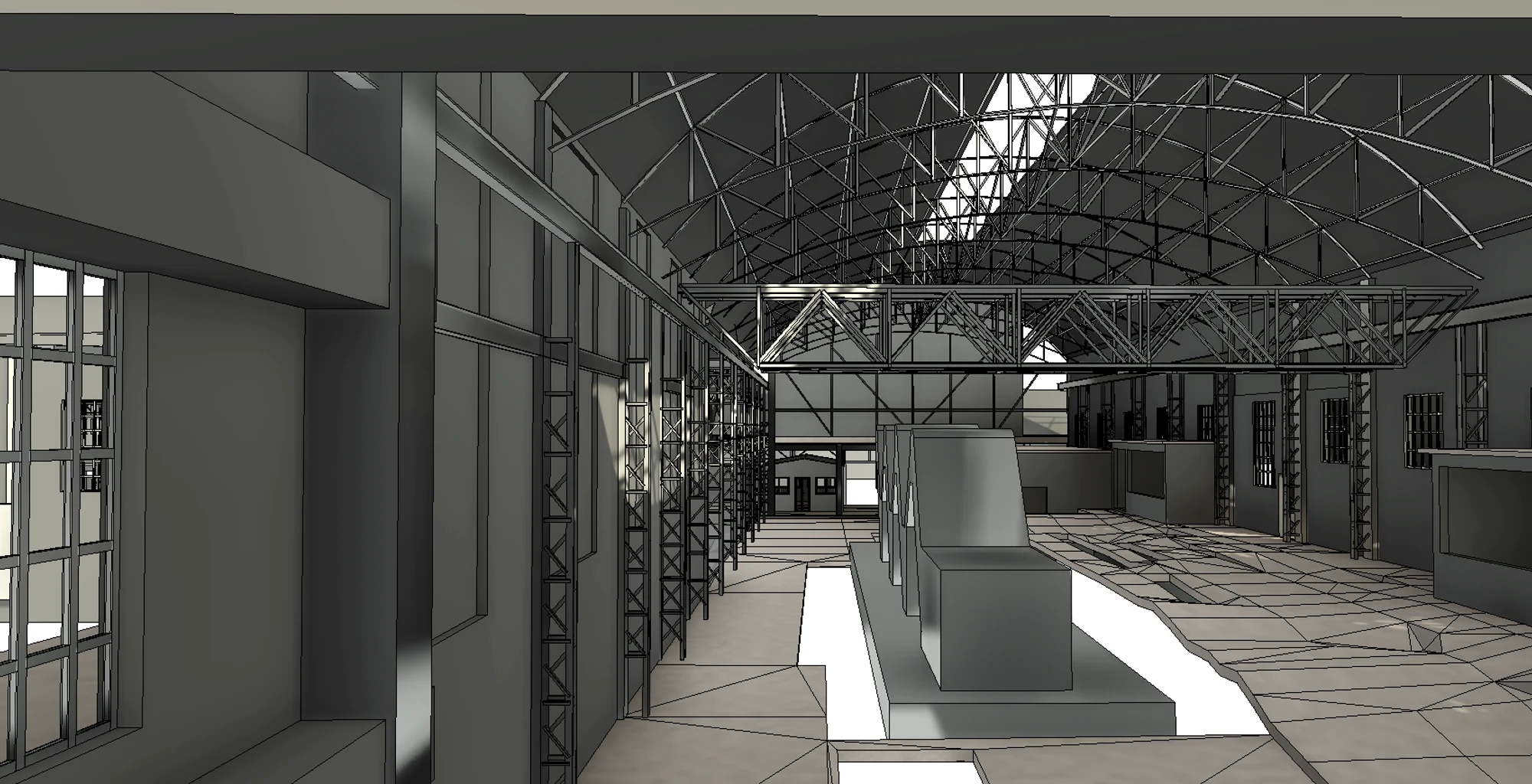 Interior model of a large industrial hall looking down its length, showing the arched roof truss, a gantry beam, structural columns and the clear floor area between them