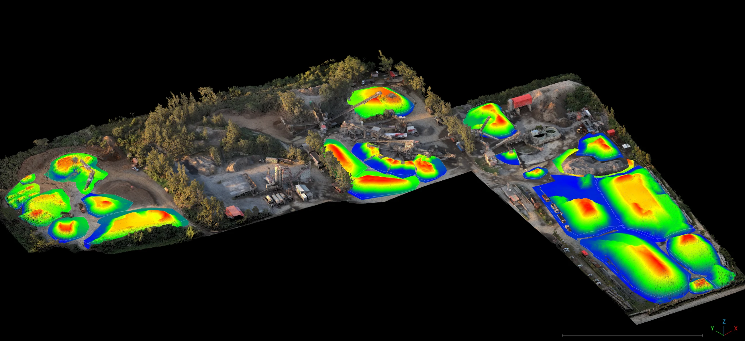 Aerial survey of an aggregate processing site with every stockpile isolated and shaded by height, from blue at the toe through green to red at the crown, over full-colour imagery of the plant and yard